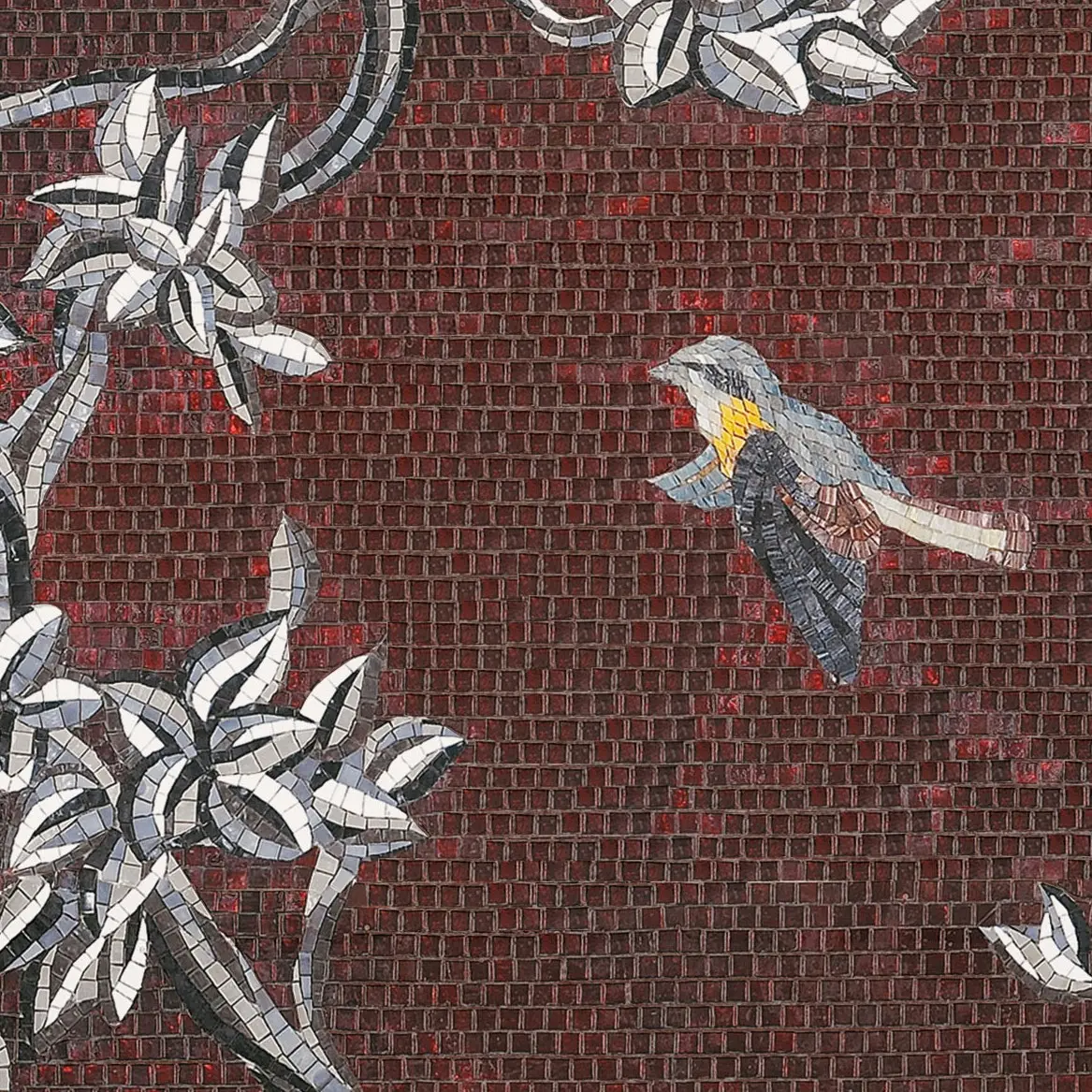 Green mosaic covering a bathroom, completing an elegant design.