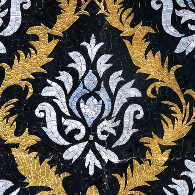 Green mosaic covering a bathroom, completing an elegant design.