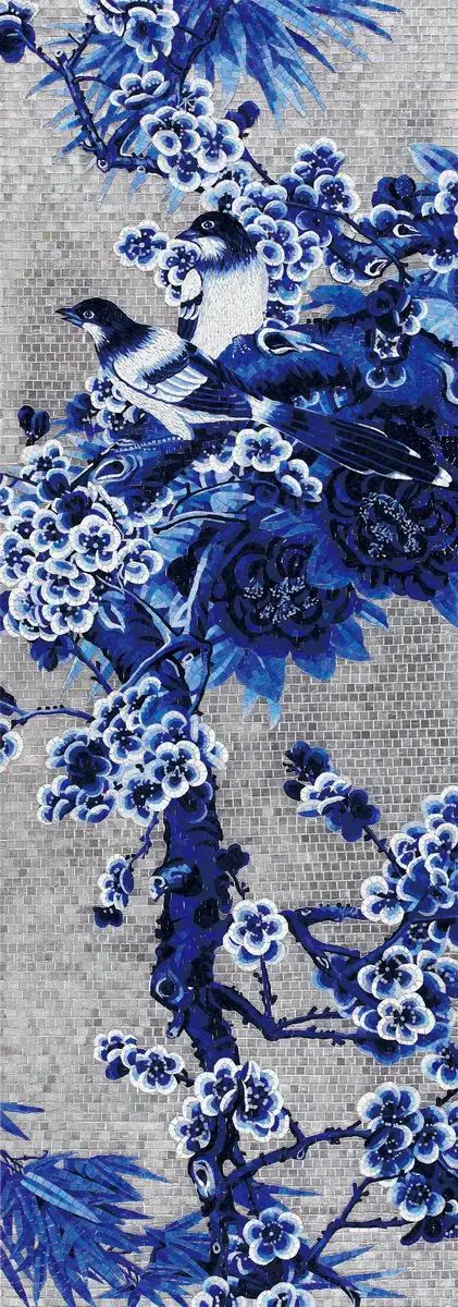 Green mosaic covering a bathroom, completing an elegant design.