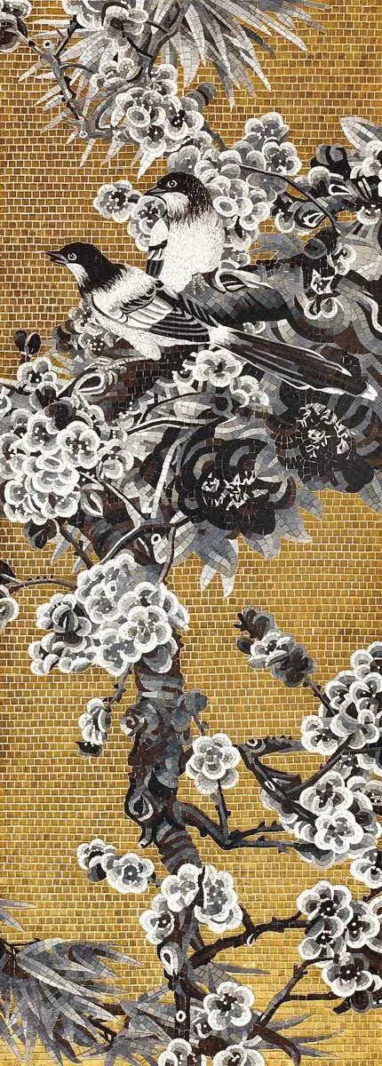 Green mosaic covering a bathroom, completing an elegant design.