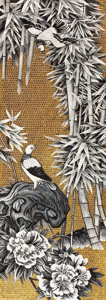 Green mosaic covering a bathroom, completing an elegant design.