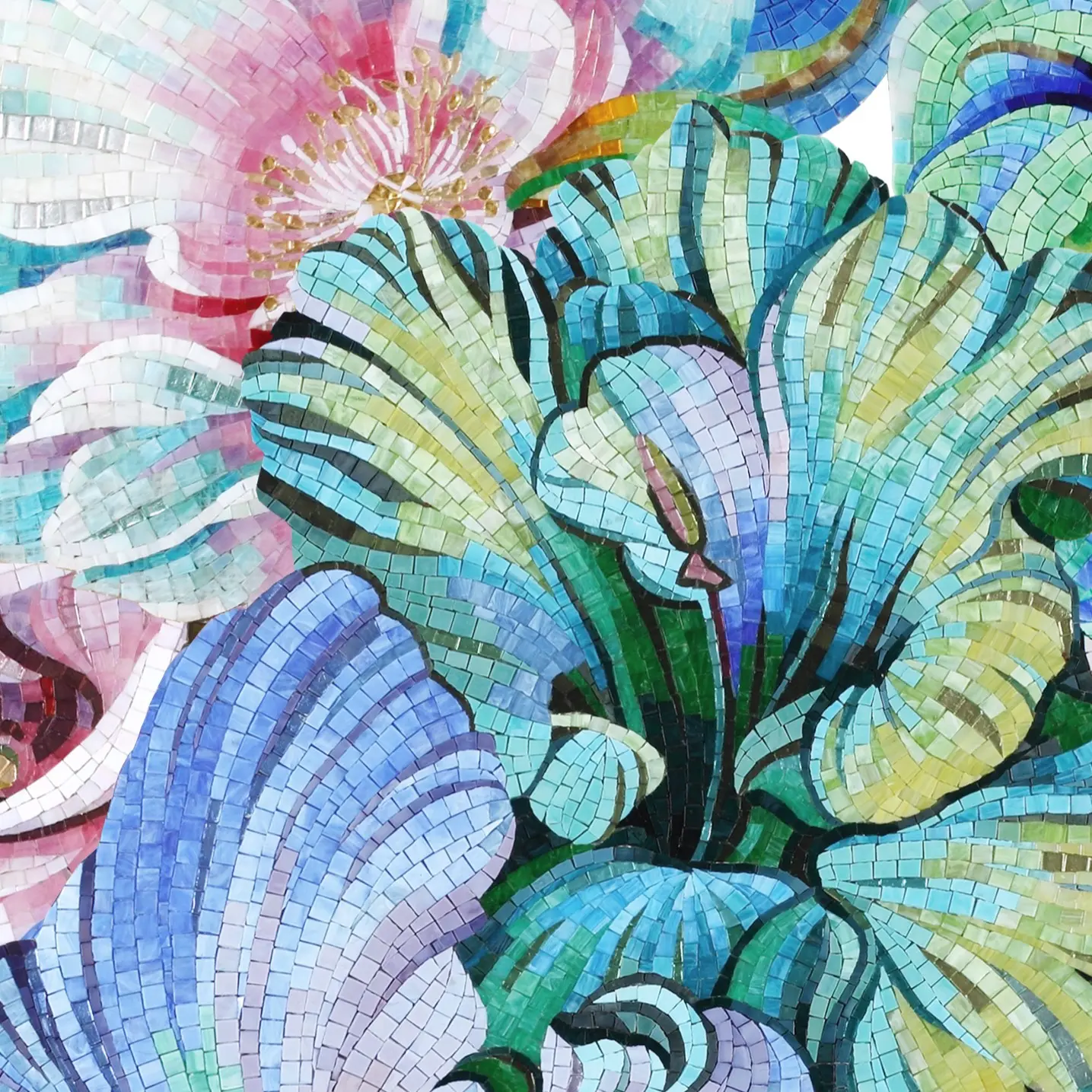 Green mosaic covering a bathroom, completing an elegant design.