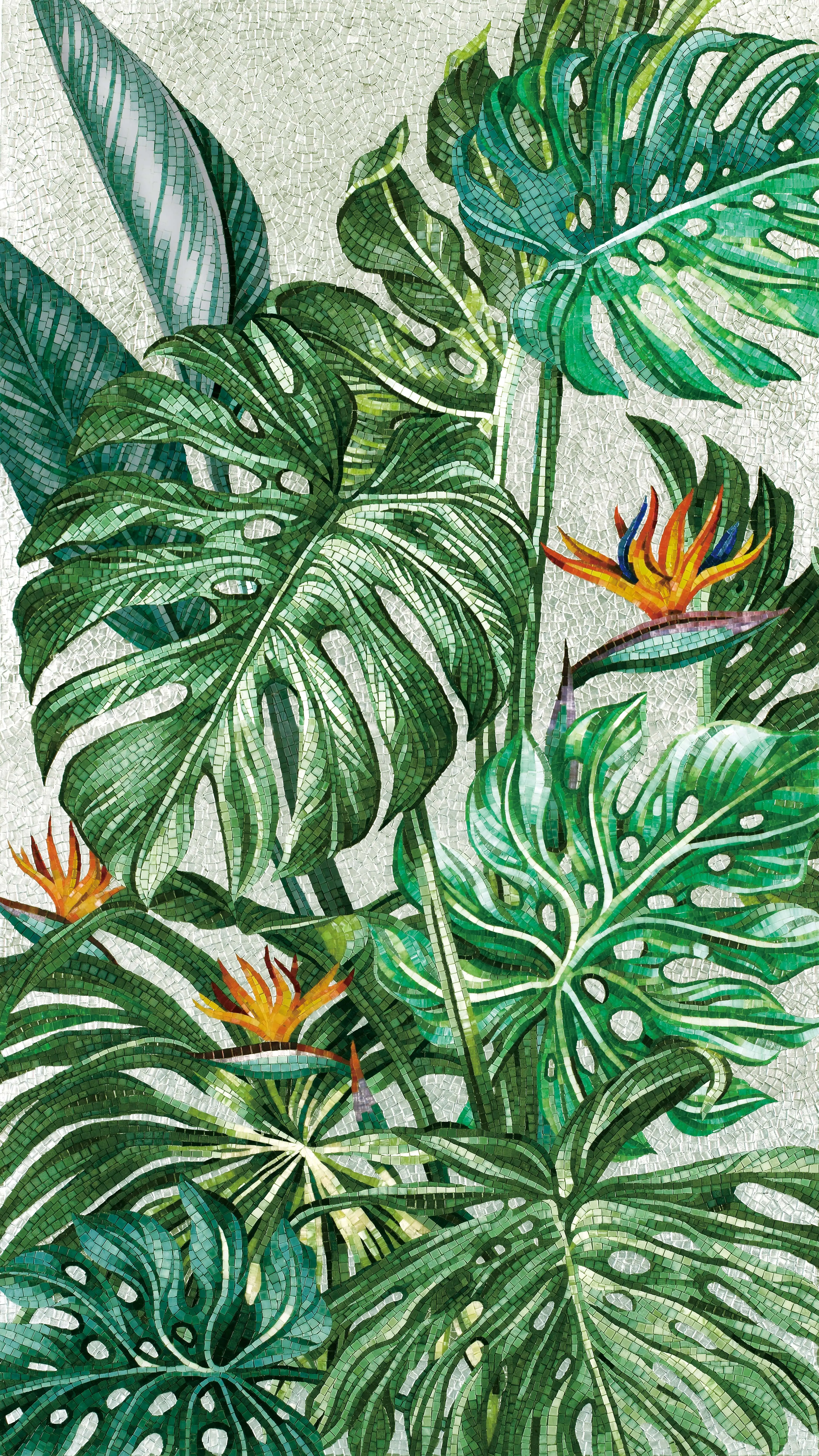 Green mosaic covering a bathroom, completing an elegant design.