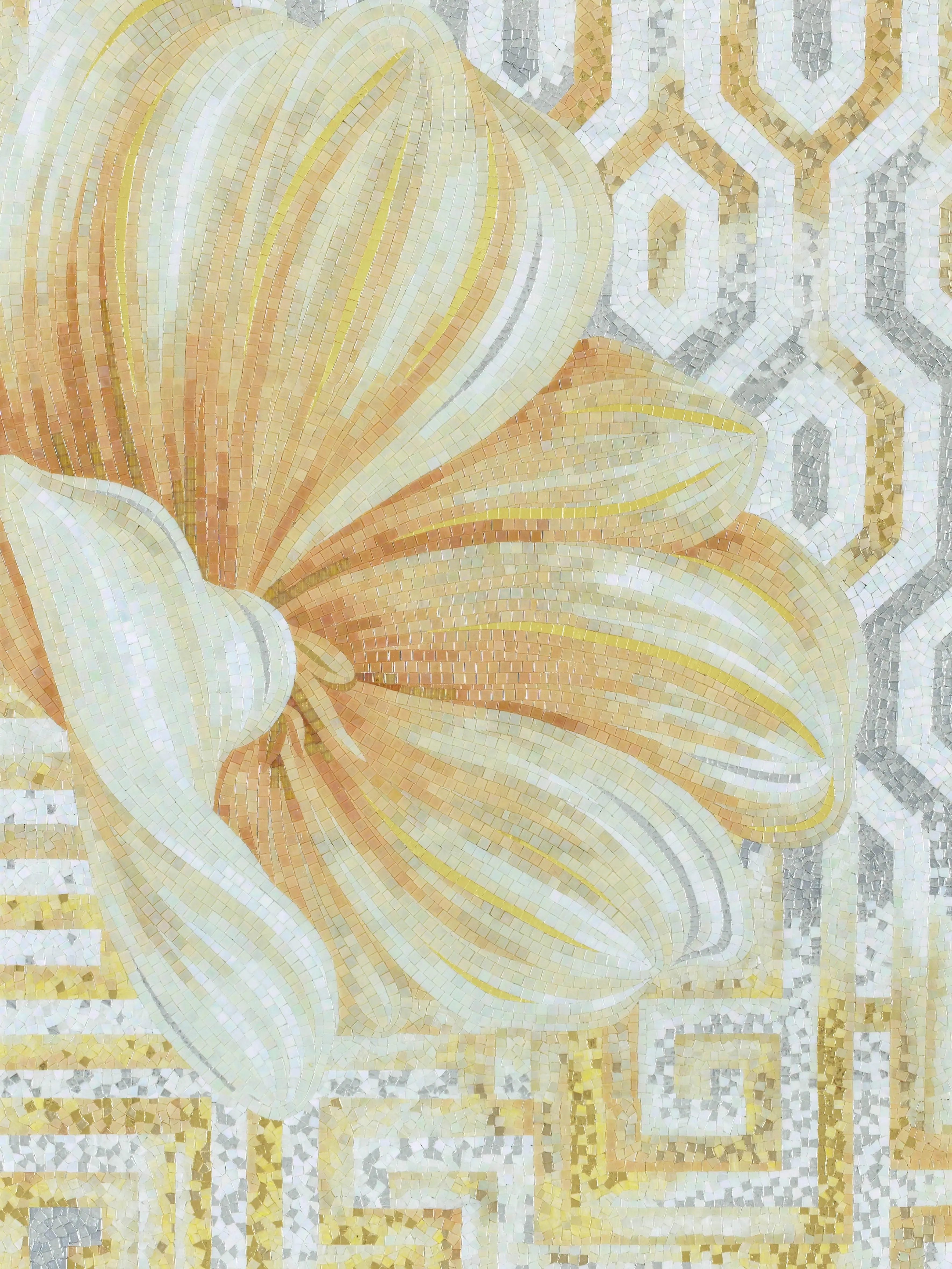 Dining room with an elegant green rose mosaic, made with our artisanal inlay technique.