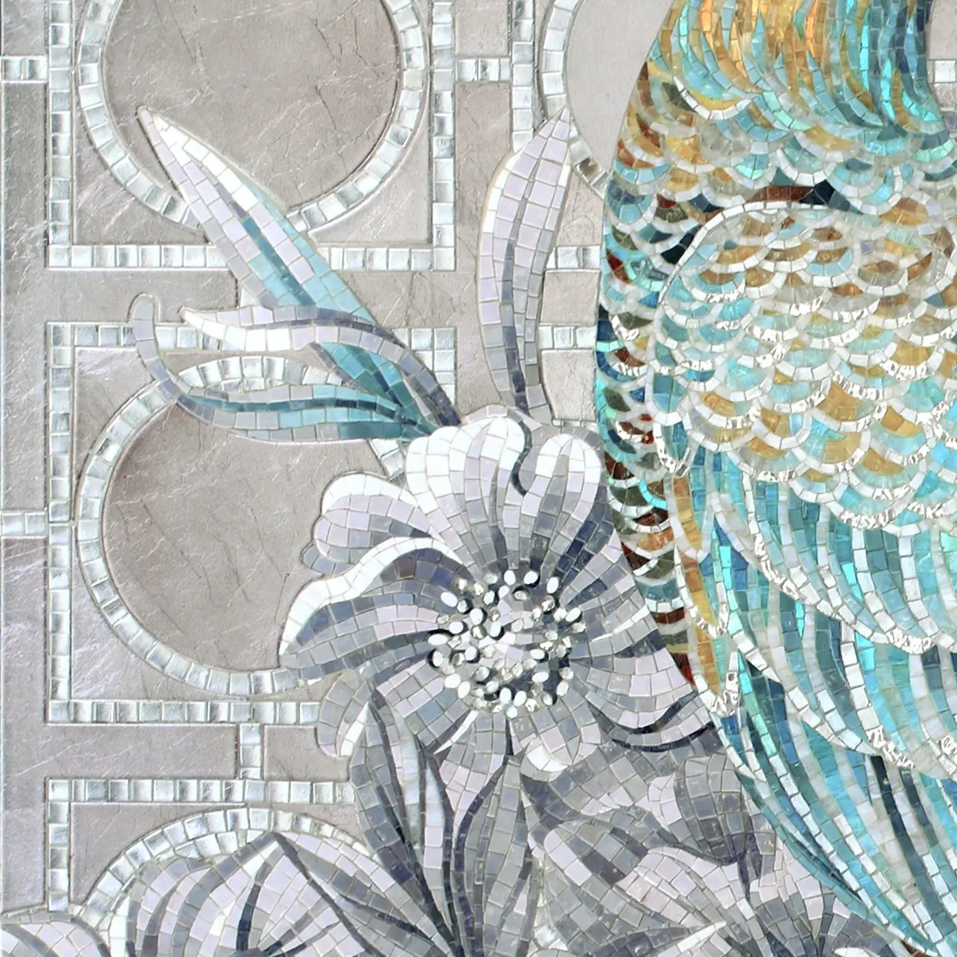 Green mosaic covering a bathroom, completing an elegant design.