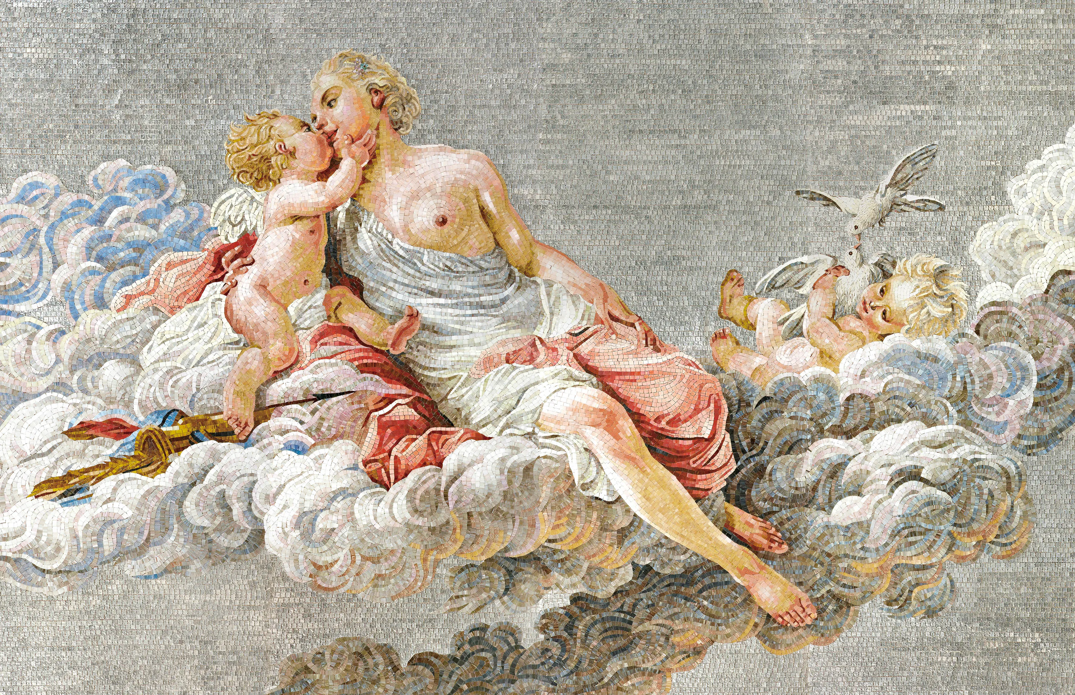 Green mosaic covering a bathroom, completing an elegant design.