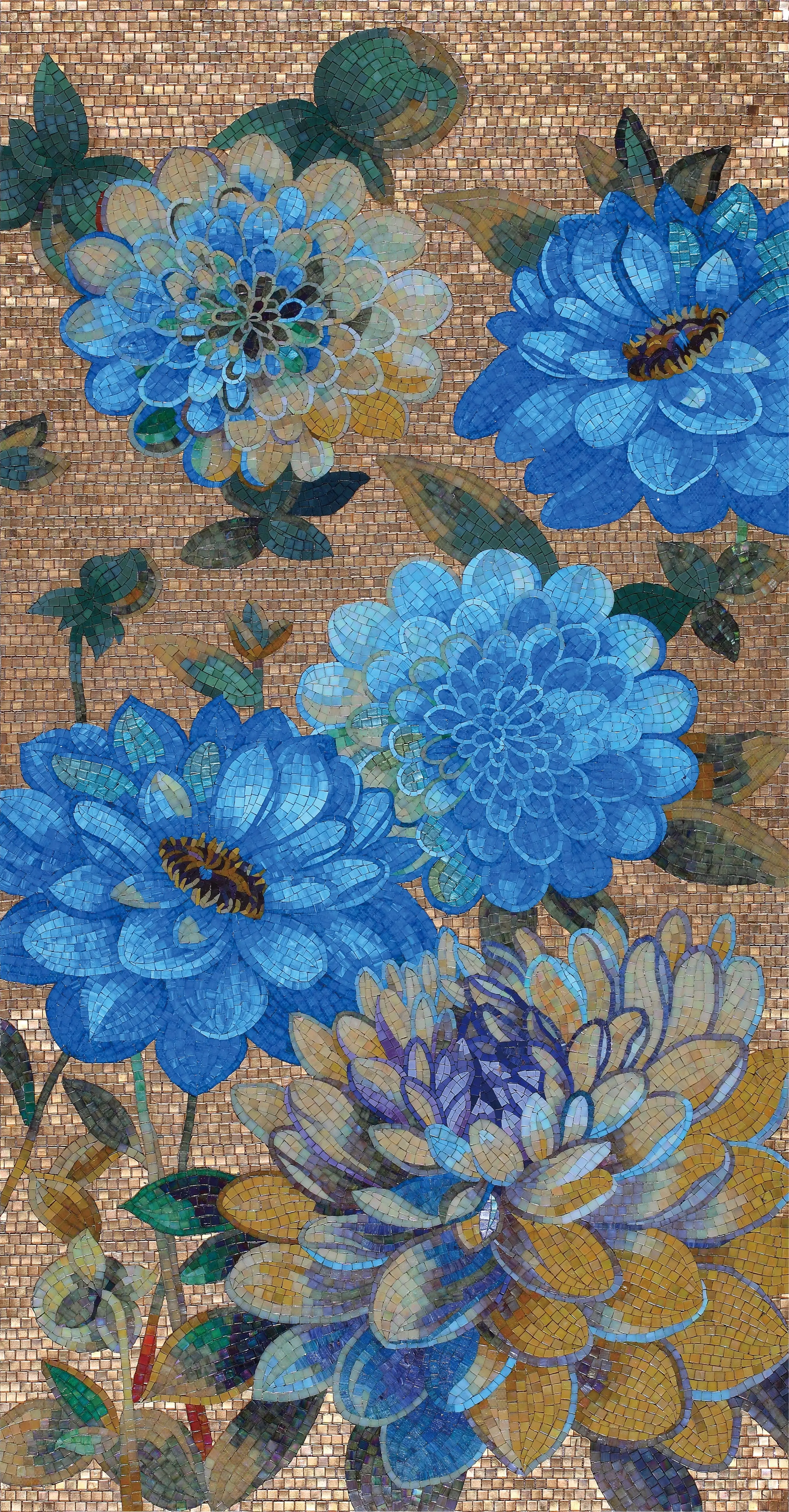 Green mosaic covering a bathroom, completing an elegant design.