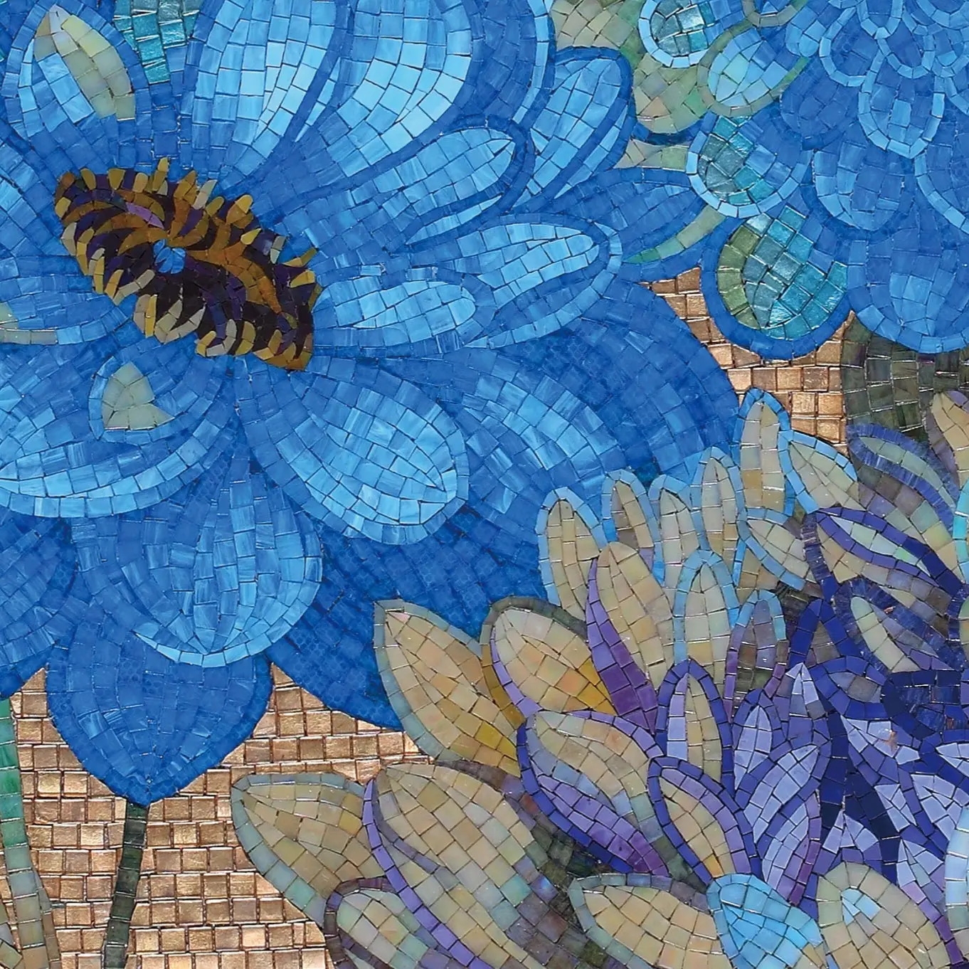 Green mosaic covering a bathroom, completing an elegant design.